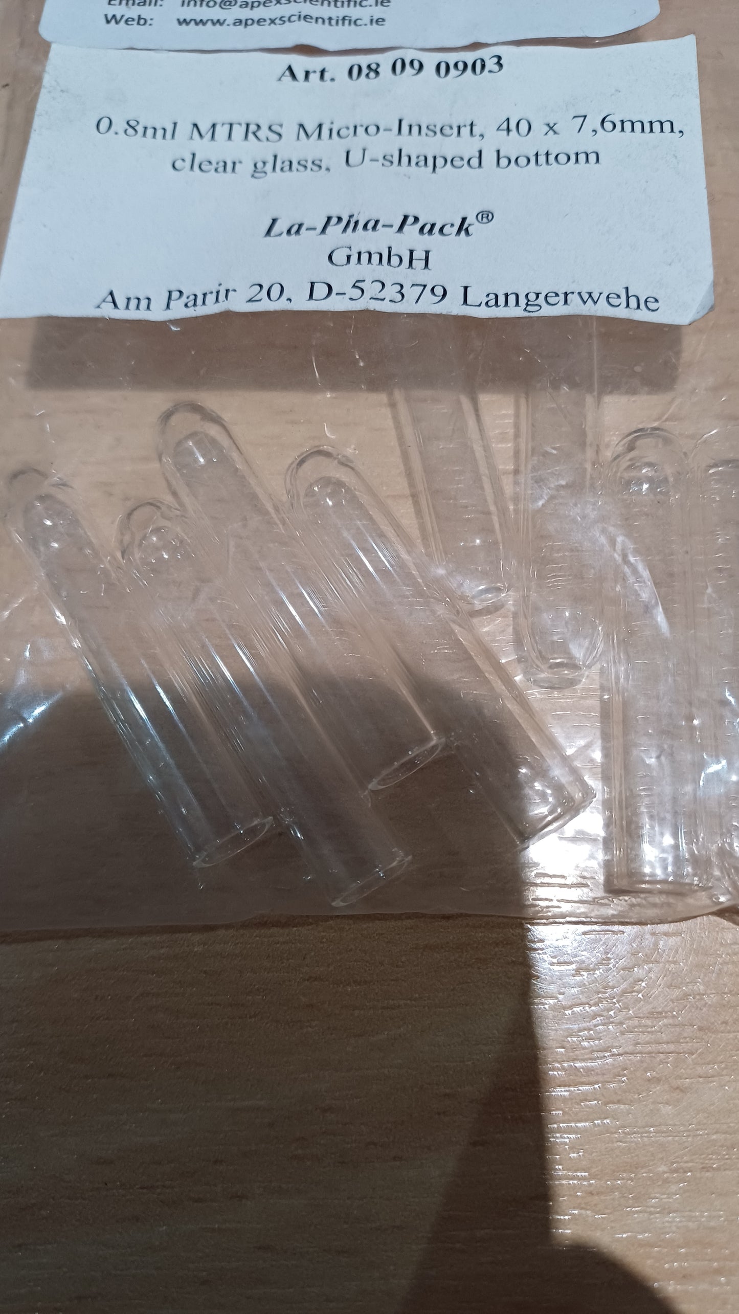 08 09 0903 La-Pha-Pack 0.8ml MTRS Micro-Insert 40 x 7.6mm clear glass, U shaped bottom