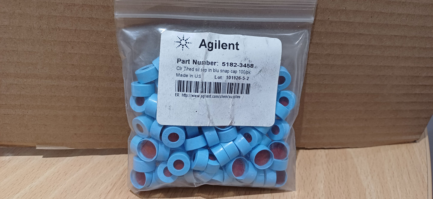 5182-3458 - AGILENT, Cap, snap, blue, clear PTFE/red silicone septa, 100/pk. Cap size: 11 mm