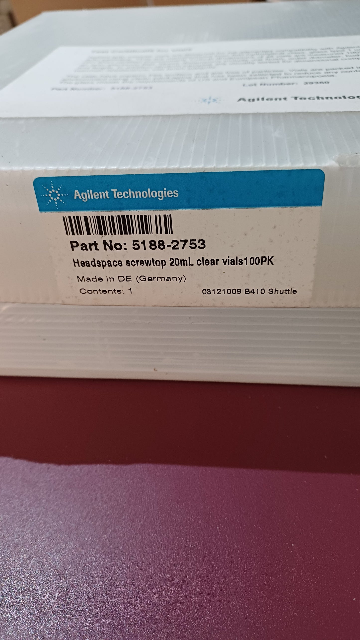5188-2753 Vial, screw top, headspace, clear, 20 mL, 23 x 75 mm, 100/pk. Vial size: 22.75 x 75 mm (18 mm cap)