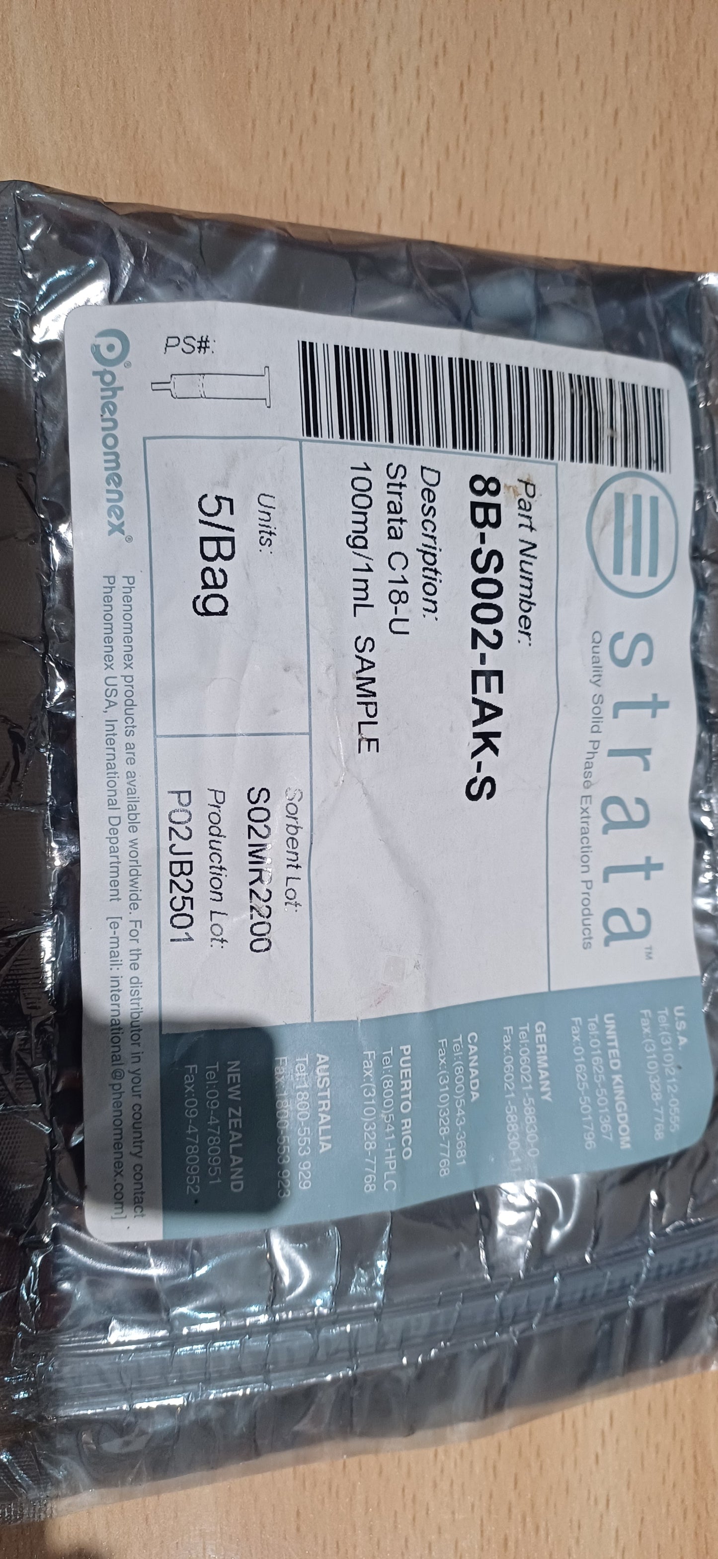 8B-S002-EAK-S Phenomenex Strata® C18-U (55 µm, 70 Å), 100 mg / 1 mL, Tubes ,Bag of 9