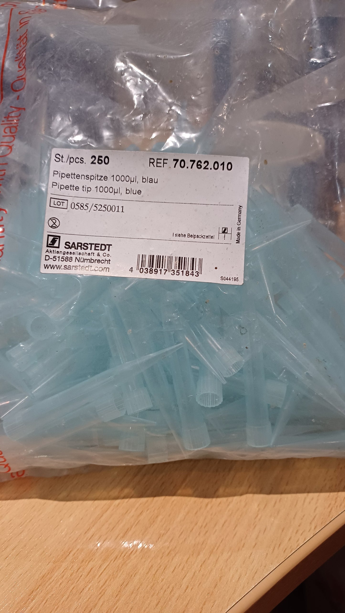 70.762.010 Sarstedt Pipette tip 1000ul Blue 250 pk.