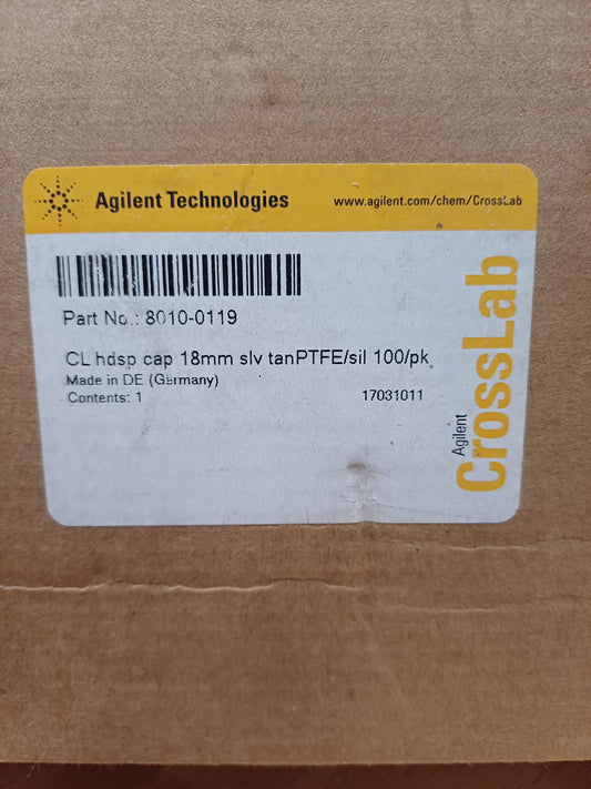 8010-0119 Agilent Caps/septa, screw, headspace, 18 mm, silver aluminum, blue PTFE/silicone septa, 100/pk