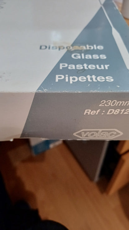 VOLAC  D812 Cut Jet Disposable Glass Pasteur Pipettes 230mm, 250 Pack